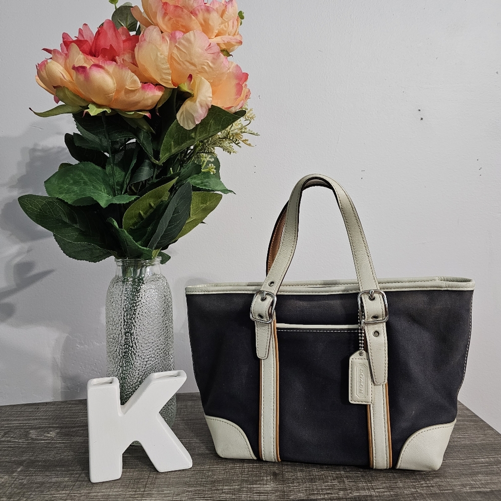 COACH Hampton vintage mini tote with green interior and leather trim, GUC